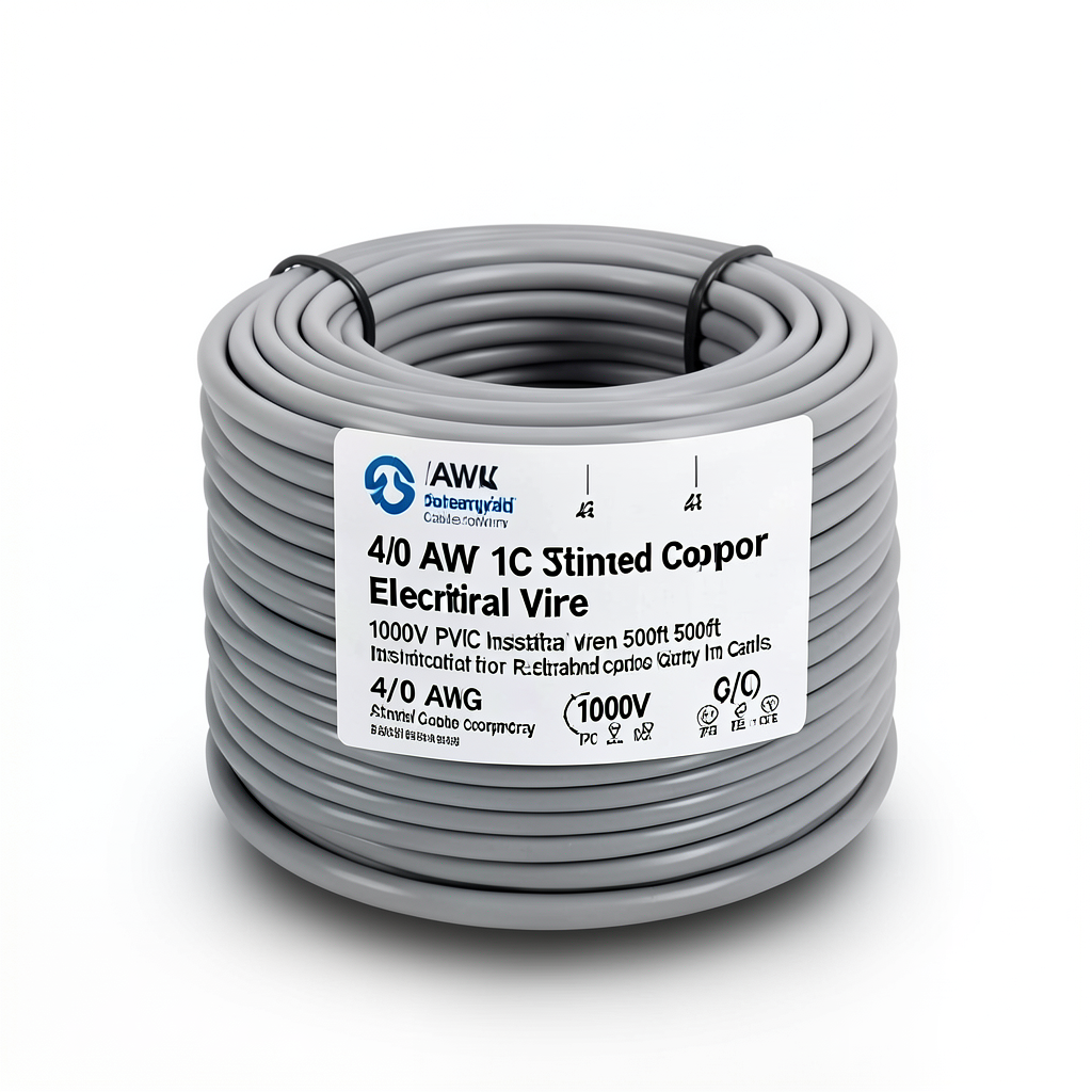 لفة سلك كهرباء مفرد نحاس مجدول 4/0 AWG مطلي قصدير 1000 فولت عزل PVC رمادي 500 قدم | شركة كابلات الشرقية للصناعة