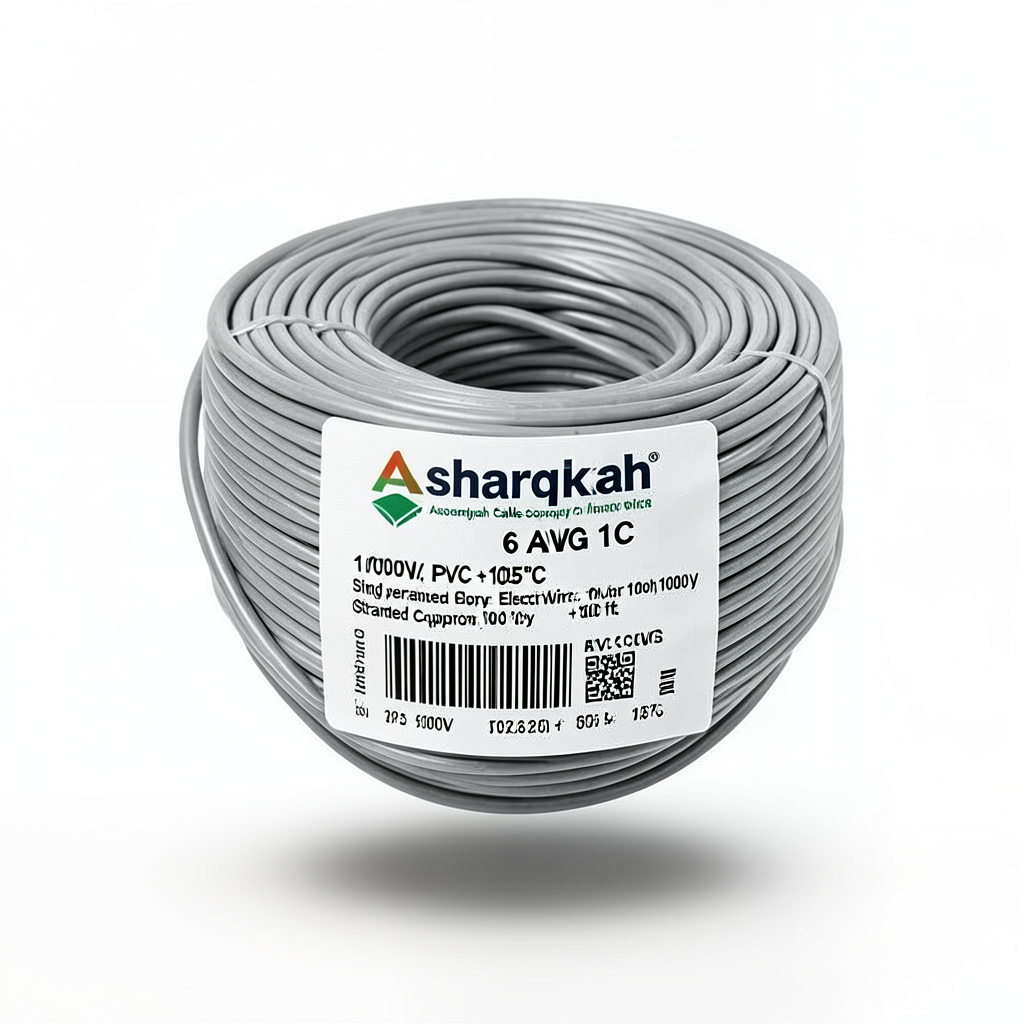 لفة سلك مفرد 6 AWG نحاس مجدول كهربائي، 1000 فولت، معزول PVC +105°C رمادي، طول 500 قدم | شركة كابلات الشرقية للصناعة