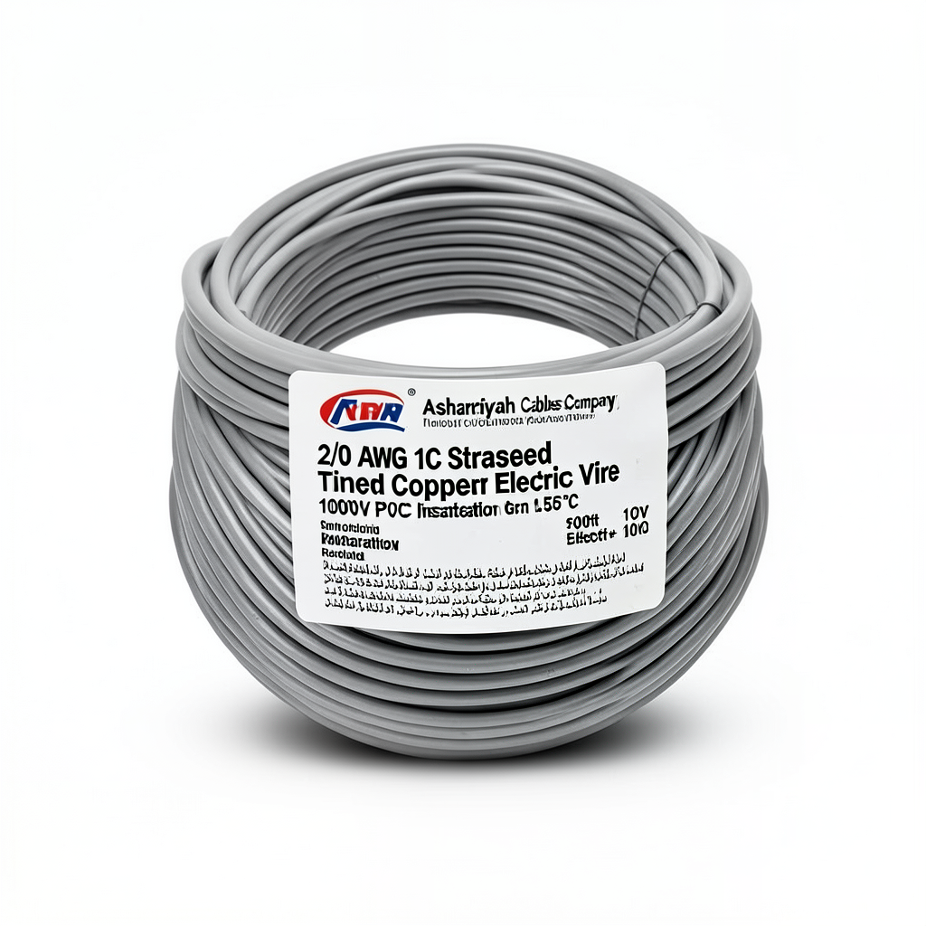 سلك كهرباء مفرد نحاس مجدول 2/0 AWG مطلي قصدير 1000 فولت عزل PVC +105°C رمادي 500 قدم | شركة كابلات الشرقية للصناعة