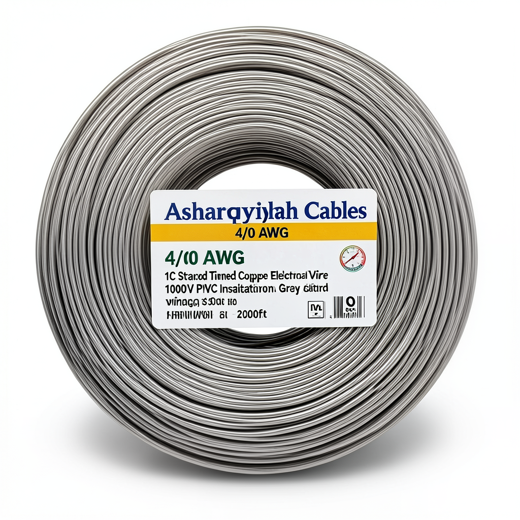 لفة سلك كهرباء مفرد نحاس مجدول 4/0 AWG مطلي قصدير 1000 فولت عزل PVC رمادي 500 قدم | شركة كابلات الشرقية للصناعة