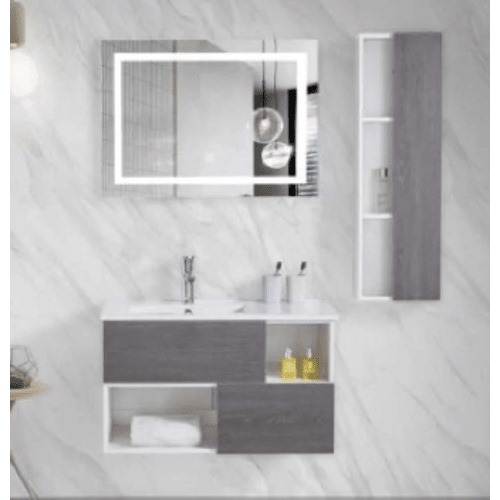 LED Mirror Pharmacy Marble Surface Ceramic Washbasin 80 cm with Wooden Cabinet | Al Muhaidib Sanitary and Ceramic