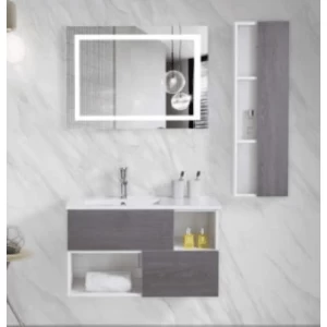 LED Mirror Pharmacy Marble Surface Ceramic Washbasin 80 cm with Wooden Cabinet | Al Muhaidib Sanitary and Ceramic