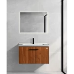 Decorative Wooden Washbasin With Ceramic Basin and LED Mirror, Dimensions 80×47×46 cm, Walnut Veneer Color