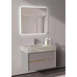 Modern Wooden Washbasin with Marble Basin LED Mirrors, Size 80×40 cm | Albayt Alaniq Sanitary Tools