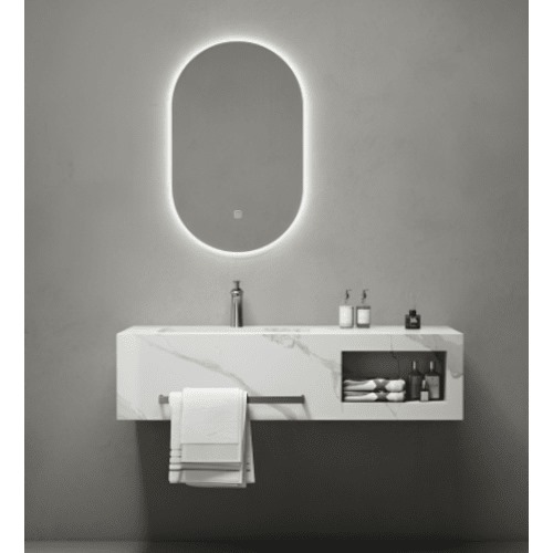Single Basin Artificial Marble Wash Basin 80×50×25 cm White with LED Mirrors and Black Shelf | Albayt Alaniq Sanitary Tools