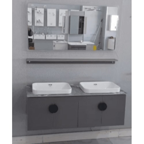 Marble Surface Ceramic Double Bowl Washbasin 120 cm, Pearly Grey with Wooden Cabinet | Al Muhaidib Sanitary and Ceramic