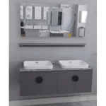 Marble Surface Ceramic Double Bowl Washbasin Basin Size 120 cm, Pearly Grey With Wooden Cabinet