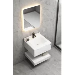 مغسلة حمام رخام صناعي حوض واحد مقاس 60 سم، حوض ليزر مع مرايا ليد، أبيض بعروق رصاصي 