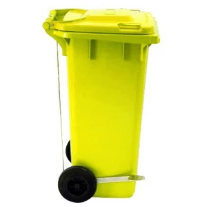 حاوية نفايات بلاستيكية HDPE بدعسة 120 لتر، مقاس 54×44.5×90 سم، لون أصفر | مصنع الفريدي للصناعات البلاستيكية