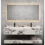 Double Artificial Marble Decorative Wash Basin Size 150 cm, Normal Basin with LED Mirror, White and Brown Color
