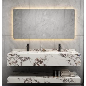 Double Artificial Marble Decorative Wash Basin 150 cm, White and Brown with LED Mirror | Algafary Sanitary ware