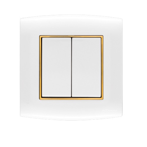 Electrical Light Switch 2 Gang 2 Way 20 Amp Omnia 7×7 cm White with Gold Ring | Al Fanar