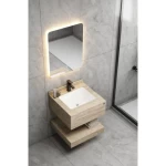 Single Basin Artificial Marble Bathroom Size 60 cm, Laser Basin with LED Mirror, Beige