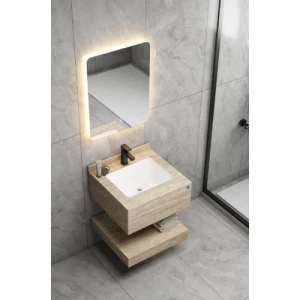 Single Basin Artificial Marble Bathroom 60 cm, Laser Basin with LED Mirror Beige | Algafary Sanitary ware