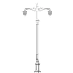 عمود انارة ثنائي الذراع المنيوم ارتفاع 5 متر، قاعدة التثبيت 600 مم، سمك 3 مم