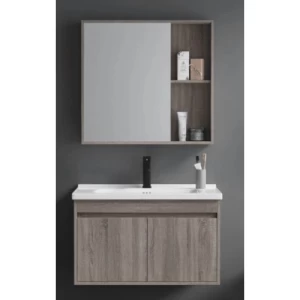 Washbasin Basin with Wooden Cabinet and Pharmacy with Mirror, Size 80 cm, Wooden Color | Al Muhaidib Sanitary and Ceramic