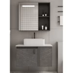 Aluminum wall hung, ceramic basin, size 60 cm, with mirrored pharmacy, marble grey color