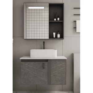 Aluminum Wall Hung Ceramic Basin 60 cm Marble Grey with Mirrored Pharmacy | Al Muhaidib Sanitary and Ceramic