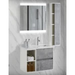 Marble Surface LED Mirror And Pharmacy Ceramic Wash Basin Size 80 cm, with Wooden Cabinet