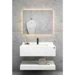Single Normal Basin Artificial Marble Bathroom with LED Mirror 80 cm, White With Golden Veins Color