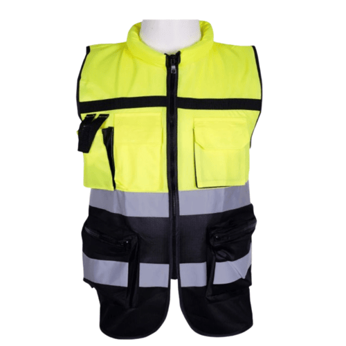 Professional Heavy Duty Safety Vest High Collar with Pockets and Zipper 3M, Size M, Weight 1 kg, Phosphorescent and Black | Muedda Store