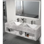 Artificial Marble Decorative Sink Two Basins, Size 150 cm Marbled Gray Color With 3 Color LED mirrors