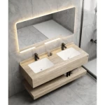 مغسلة حمام رخام صناعي حوضين مقاس 150 سم، حوض ليزر مع مرايا ليد، بيج