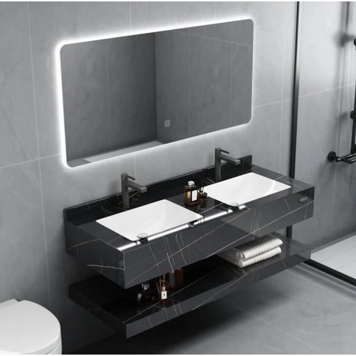 Artificial Marble Decorative Wash Basin Two Basins 140 cm Size, 100 cm Width, 50 cm Depth, Shiny Black with LED Mirror | Albayt Alaniq Sanitary Tools