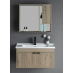 Grey Beige Hand washbasin With Wooden Cabinet And Pharmacy With Mirror Size 80 cm 