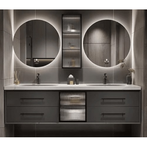 Marble Surface Ceramic Wash Basin Double Bowl 140 cm, Dark Gray with Wooden Cabinet | Al Muhaidib Sanitary and Ceramic