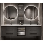 Marble Surface Ceramic Wash Basin Double Bowl Size 140 cm, Dark Gray Color With A Wooden Cabinet