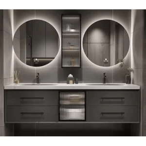 Marble Surface Ceramic Wash Basin Double Bowl 140 cm, Dark Gray with Wooden Cabinet | Al Muhaidib Sanitary and Ceramic