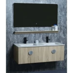 Wooden Bathroom Washbasin Double Bowl With Marble Undermount Basin, LED Mirror And Shelf, Size 120 cm, Light Woody Color