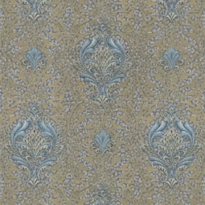Italian Wallpaper Gold With Blue Color Classic Design, Size 10m x 1.06m | Balbaid Decor Company