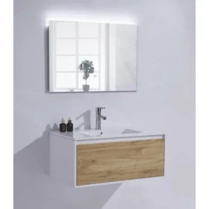 Marble Surface Ceramic Wash Basin 80 cm, Light Woody with Wooden Cabinet | Al Muhaidib Sanitary and Ceramic