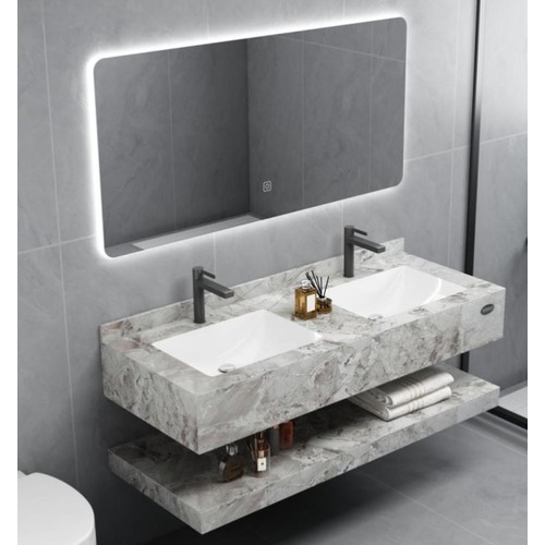 Artificial Marble WashBasin Double Basin 120x50x10 cm Grey with LED Mirror | Albayt Alaniq Sanitary Tools
