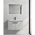 Decorative Wooden Washbasin, Dimensions 80×47×46 cm, With Ceramic Basin and LED Mirror, Marbled white Color