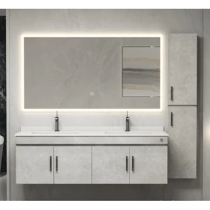 Decorative Wooden Washbasin LED Mirror 150x52x49 cm, Light Gray | Algafary Sanitary ware