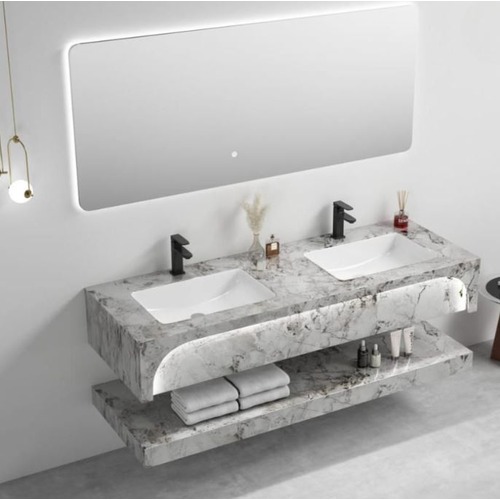 Modern Laser Double Basin Artificial Marble Wash Basin 120×50 cm with LED Mirror | Albayt Alaniq Sanitary Tools