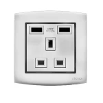 فيش شاحن USB مزدوج 13 أمبير  الفنار موديل أمنية المقاس  7x7 اللون فضى بحلقة سوداء