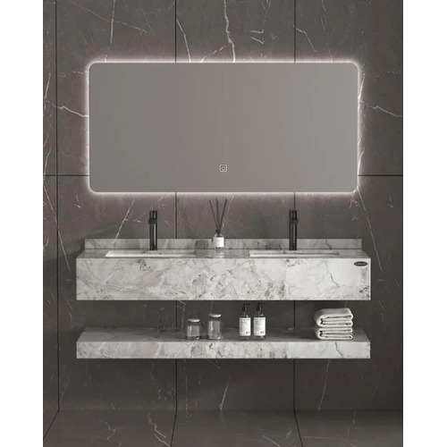 Double Basin Artificial Marble Wash Basin 120x50x25 cm with LED Mirror, Shiny Grey | Albayt Alaniq Sanitary Tools