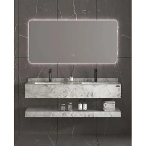 Double Basin Artificial Marble Wash Basin 120x50x25 cm with LED Mirror, Shiny Grey | Albayt Alaniq Sanitary Tools