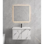 Wooden Washbasin With Ceramic Basin and LED Mirror, Marbled white Color, Dimensions 80×48×45 cm