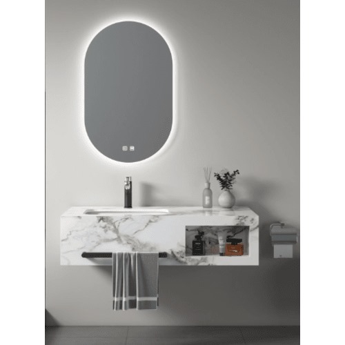 Single Basin Artificial Marble Wash Basin 120×50 cm, White With Veins, LED Mirrors & Black Shelf | Albayt Alaniq Sanitary Tools
