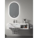 Single Basin Artificial Marble Wash Basin With LED Mirrors and Black shelf, White With Veins Color, Size 120×50 cm