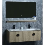 Wooden Decorative Washbasin Double Bowl With Marble Undermount Basin, LED Mirror And Shelf, Size 120 cm, Wooden Color