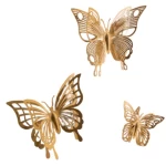 ديكور معدني حائطي رسمة فراشه، 3 قطع، لون ذهبى، مقاس مختلفة