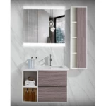 Led mirror and pharmacy ceramic single basin washbasin, size 80 cm, with wooden cabinet