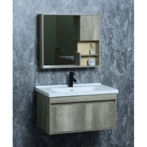 Washbasin With Wooden Cabinet and Pharmacy Mirror 80 cm, Wooden Beige | Al Muhaidib Sanitary and Ceramic