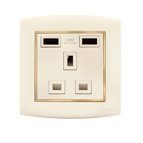 USB Charger Socket 2g 13 Amp 7x7 cm Beige with Gold Ring | Al Fanar